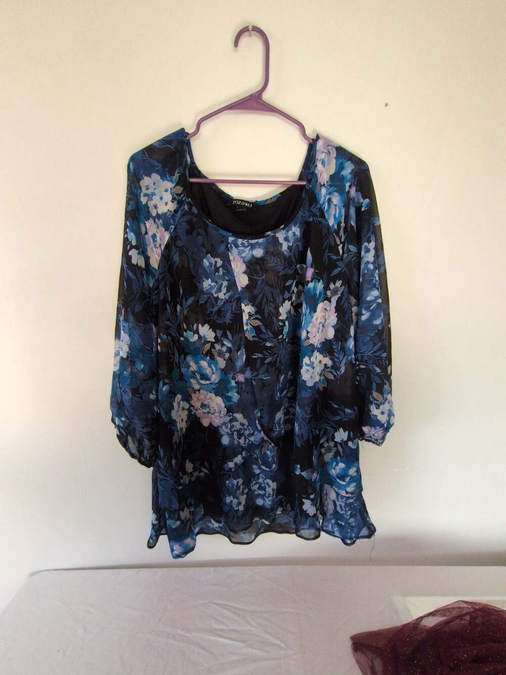Roz & Ali Blue Black Floral Chiffon Long Sleeve Blouse Plus Size 2X